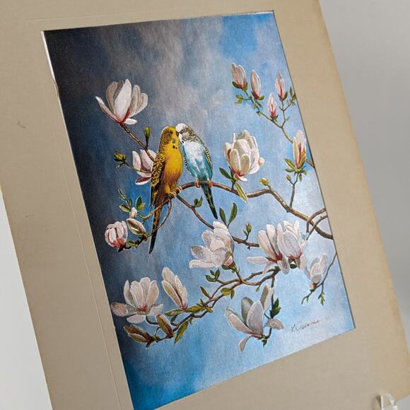 Foil Art Bird Lot Two (2) Signed F. Osborne Vintage B Parakeet Magnolias Floral2 - Picture 8 of 16